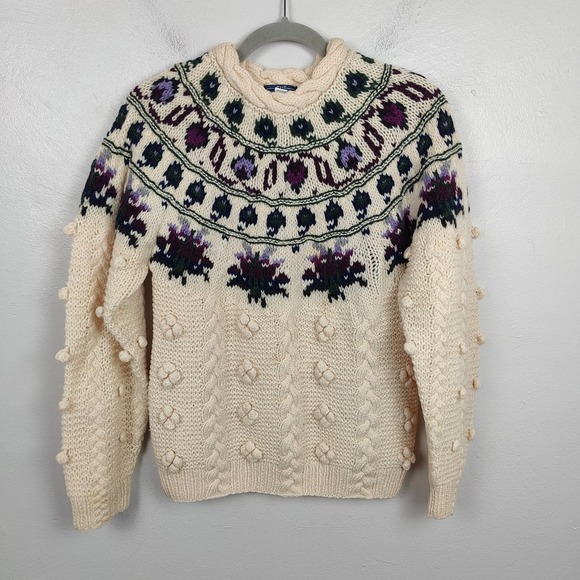 Vintage Woolrich Fair Isle Sweater Womens Small Cable Knit Popcorn Bobble Ivory - Picture 2 of 8